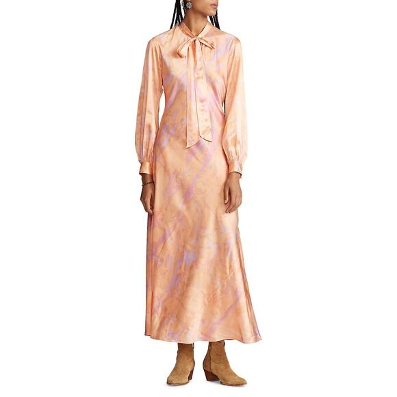 NWD Polo Ralph Lauren Rily 100% Silk Tie Collar Maxi Dress Sz 4 Peach Dye #1H458 - Picture 3 of 14